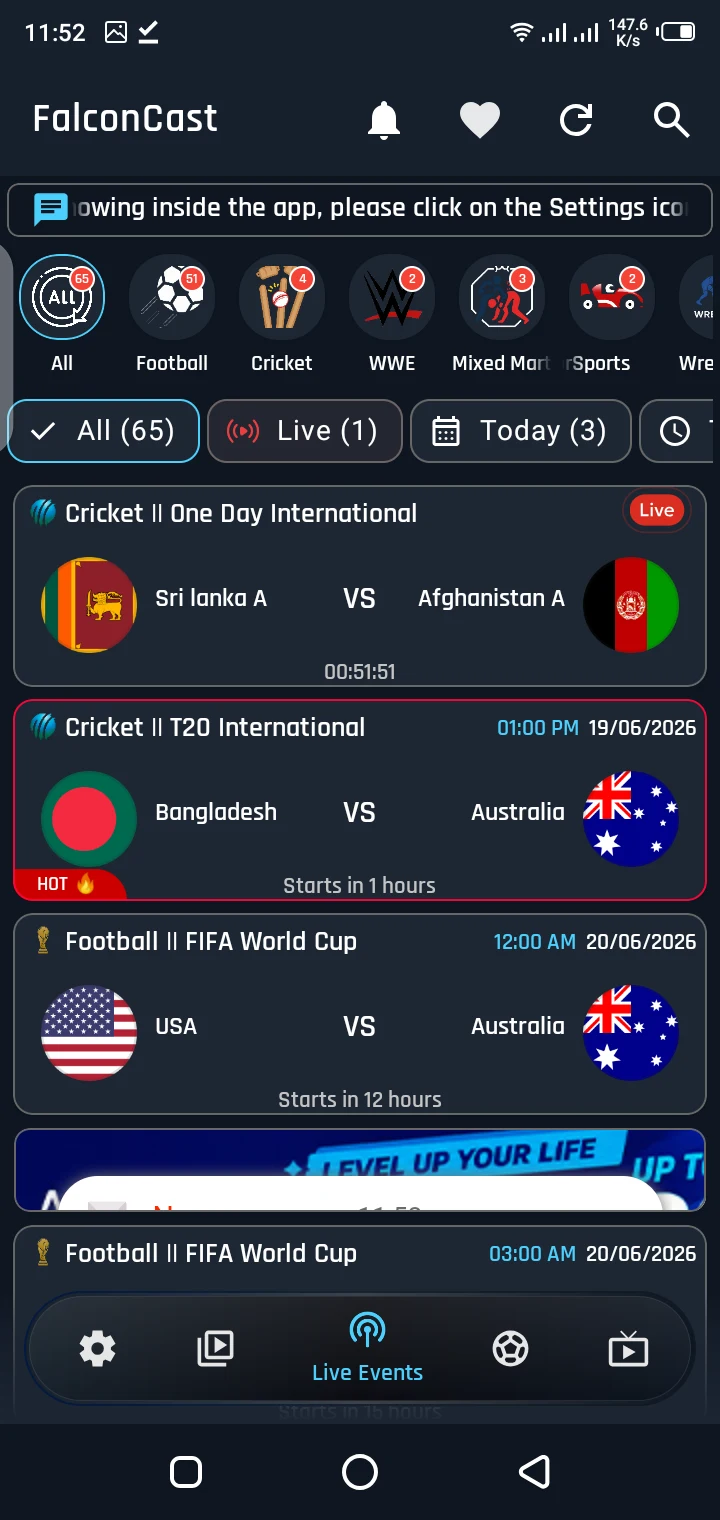 Falcon Cast TV channels live streaming interface